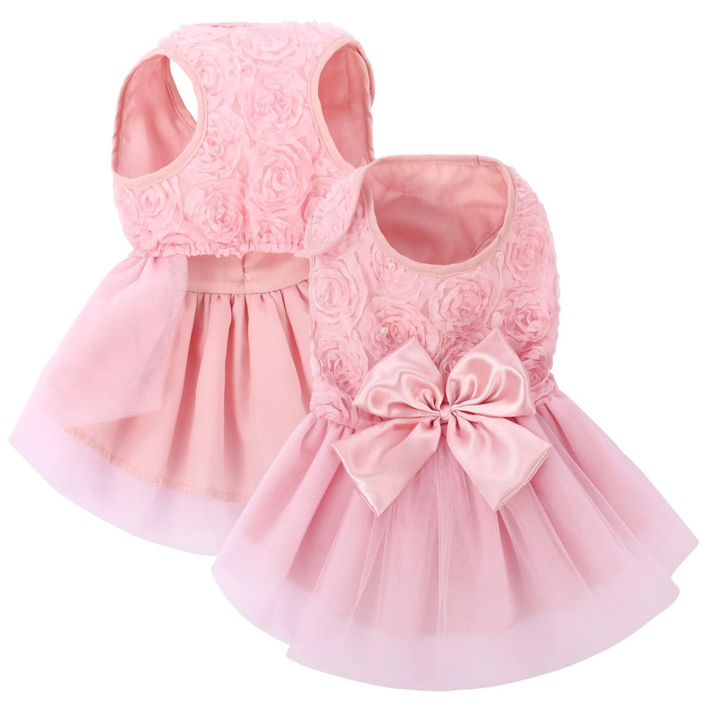 ASENKU Pink Lace Dog Dress with Pearl and Bow - XS for Small/Medium Pets