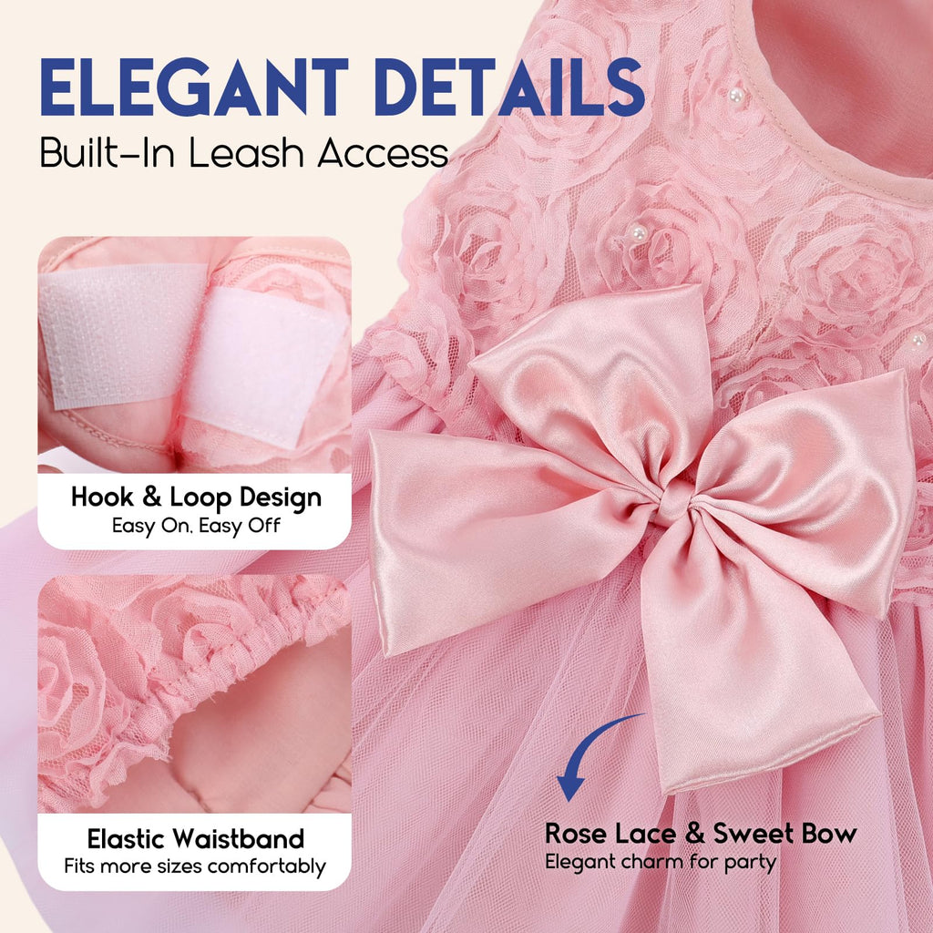 ASENKU Pink Lace Dog Dress with Pearl and Bow - XS for Small/Medium Pets