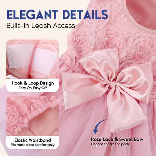 ASENKU Pink Lace Dog Dress with Pearl and Bow - XS for Small/Medium Pets