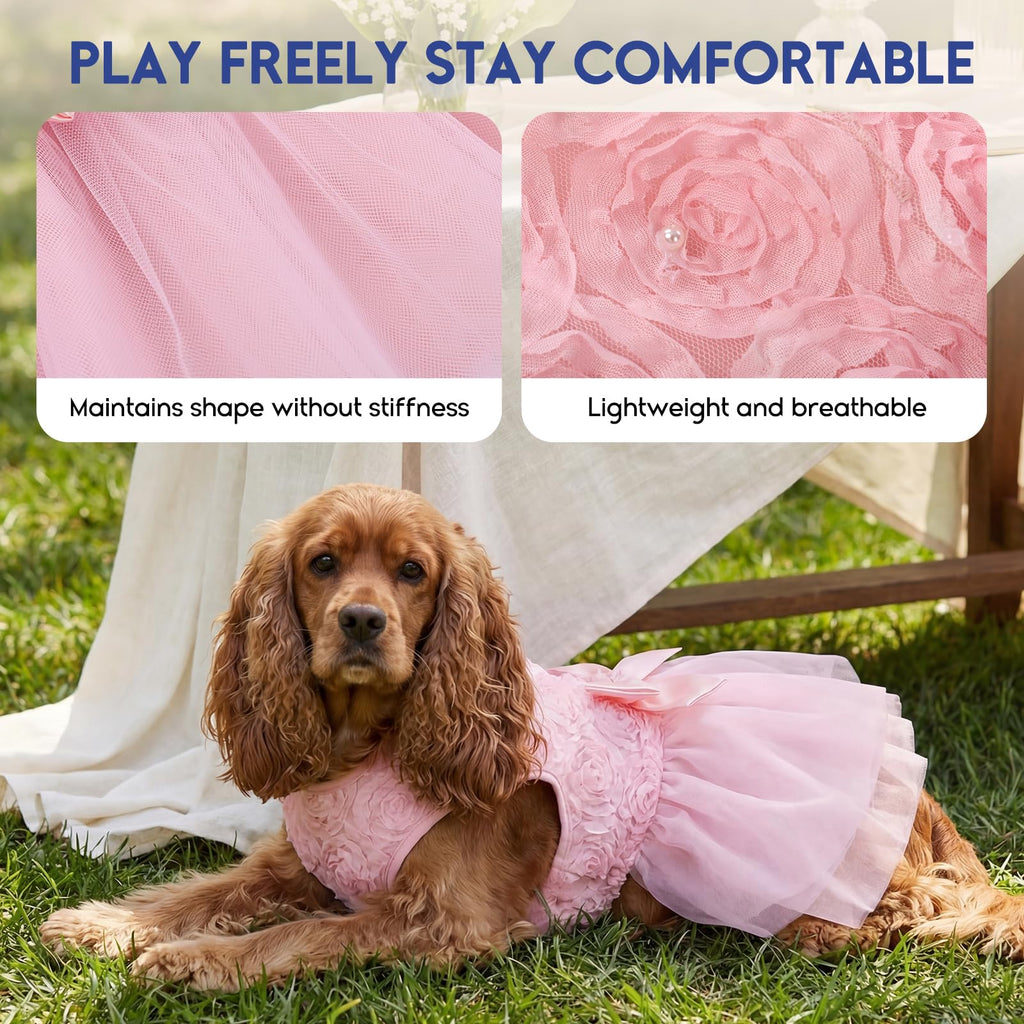 ASENKU Pink Lace Dog Dress with Pearl and Bow - XS for Small/Medium Pets