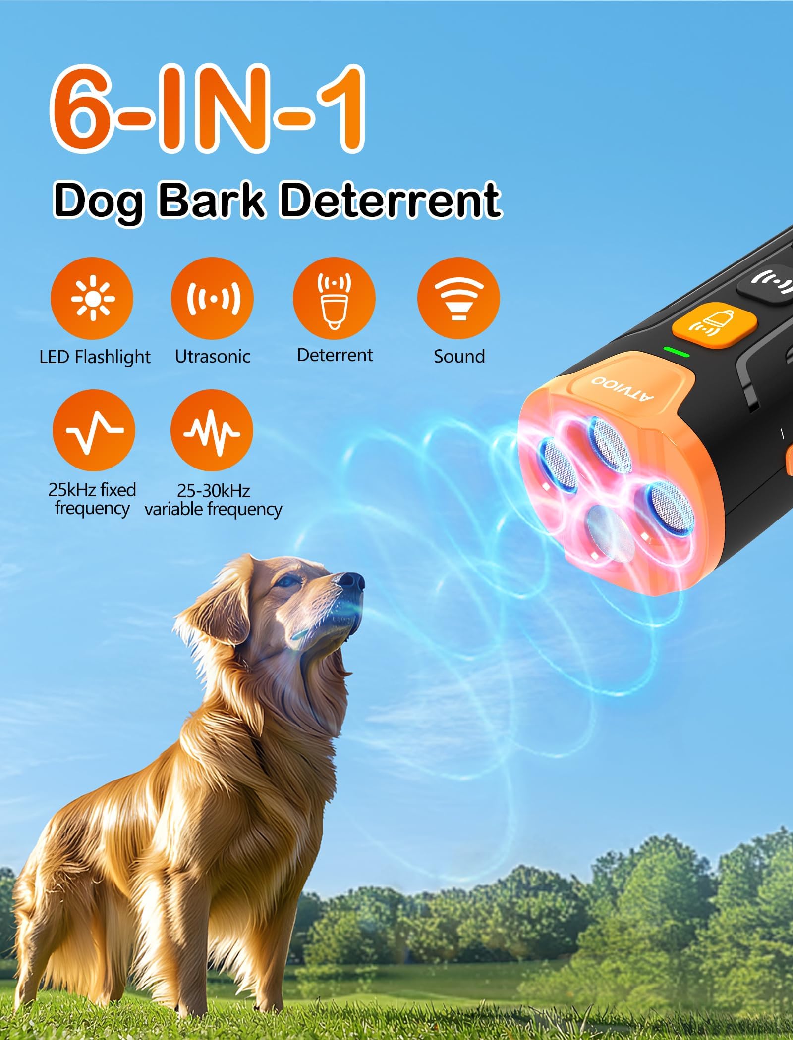 ATVIOO Ultrasonic Dog Bark Deterrent – 3 Emitters, Rechargeable, Indoor/Outdoor, Black