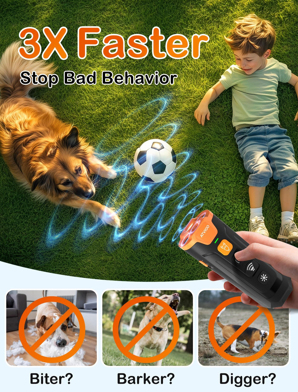 ATVIOO Ultrasonic Dog Bark Deterrent – 3 Emitters, Rechargeable, Indoor/Outdoor, Black