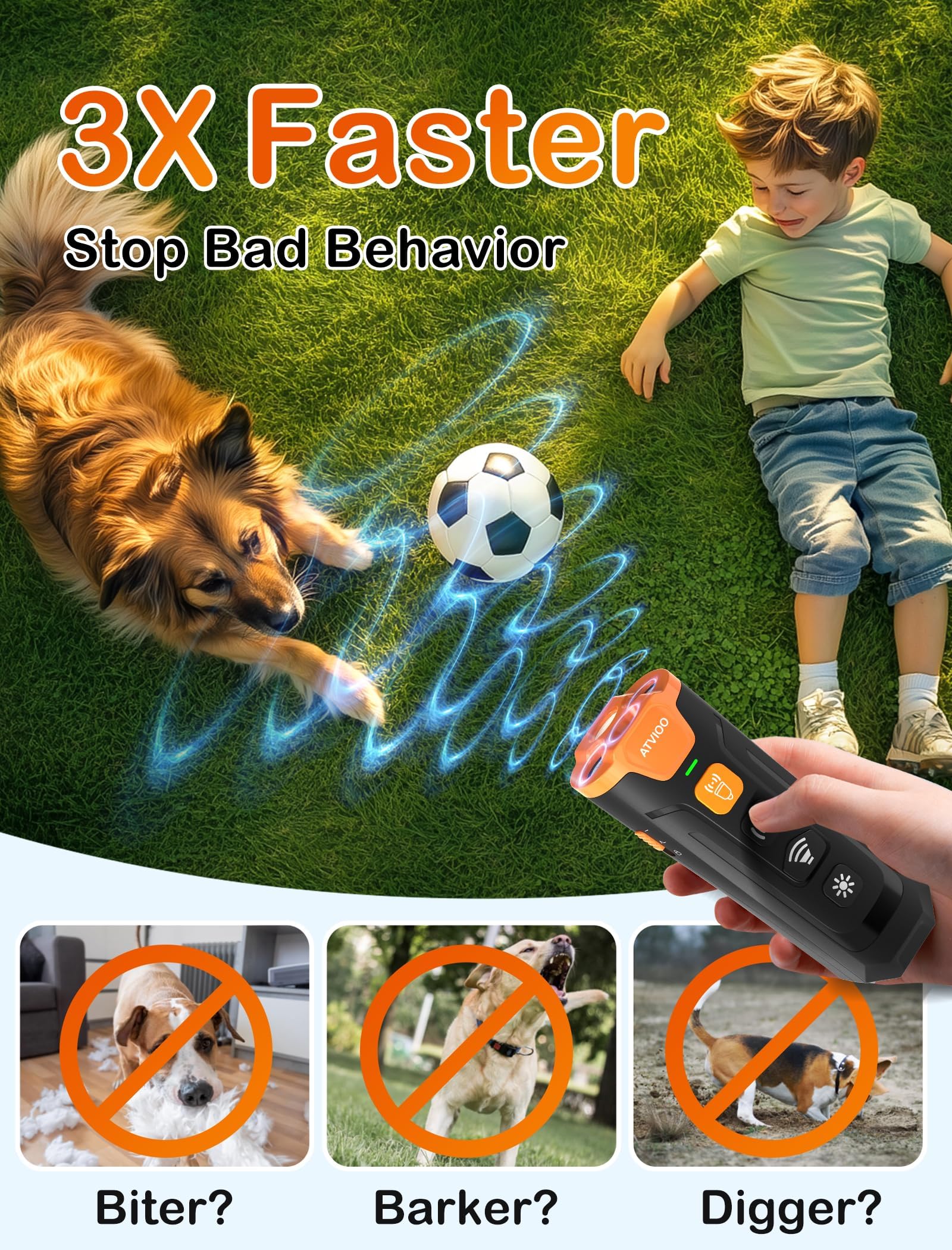 ATVIOO Ultrasonic Dog Bark Deterrent – 3 Emitters, Rechargeable, Indoor/Outdoor, Black