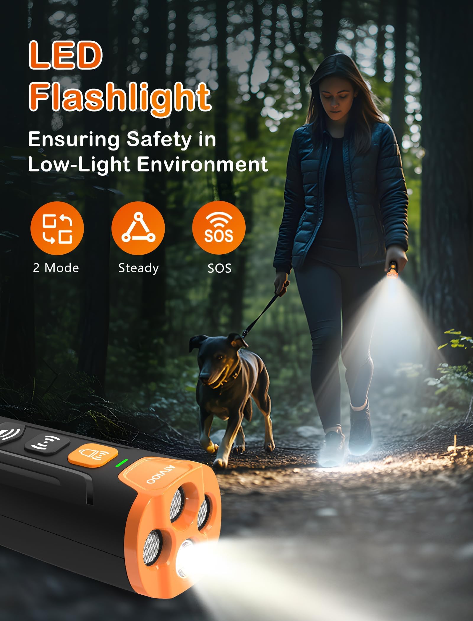 ATVIOO Ultrasonic Dog Bark Deterrent – 3 Emitters, Rechargeable, Indoor/Outdoor, Black