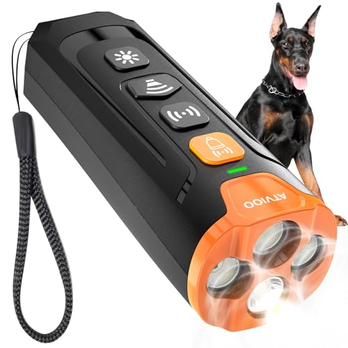 ATVIOO Ultrasonic Dog Bark Deterrent – 3 Emitters, Rechargeable, Indoor/Outdoor, Black