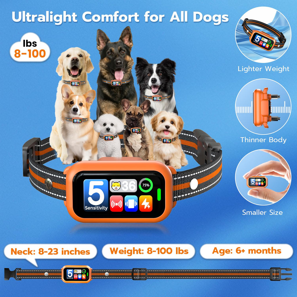 ATWHTE Smart Bark Collar for Dogs 8-100 lbs with AirTag Holder, 5 Modes, Waterproof, 20-Day Battery