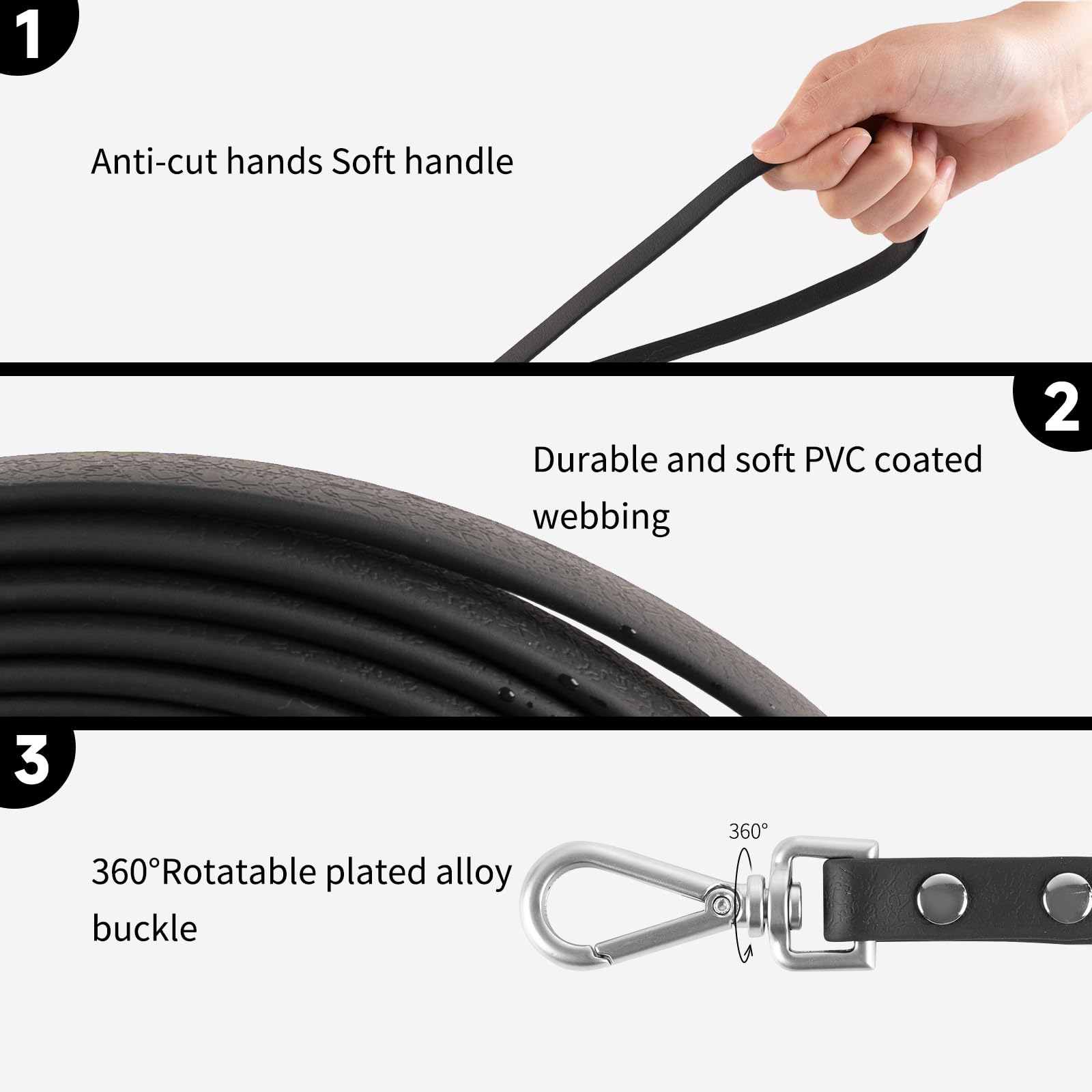 AUMAILI 30ft Dog Training Long Leash - Waterproof, Heavy Duty, Recall Lead for Outdoor Use - Black