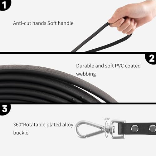 AUMAILI 30ft Dog Training Long Leash - Waterproof, Heavy Duty, Recall Lead for Outdoor Use - Black
