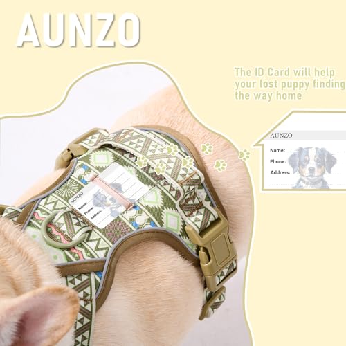 AUNZO Small Dog Harness - No-Pull Vest with 2 Leash Clips, Reflective, Adjustable, Soft Padded, Green Ethnic, for Small Breeds like Pug, Beagle