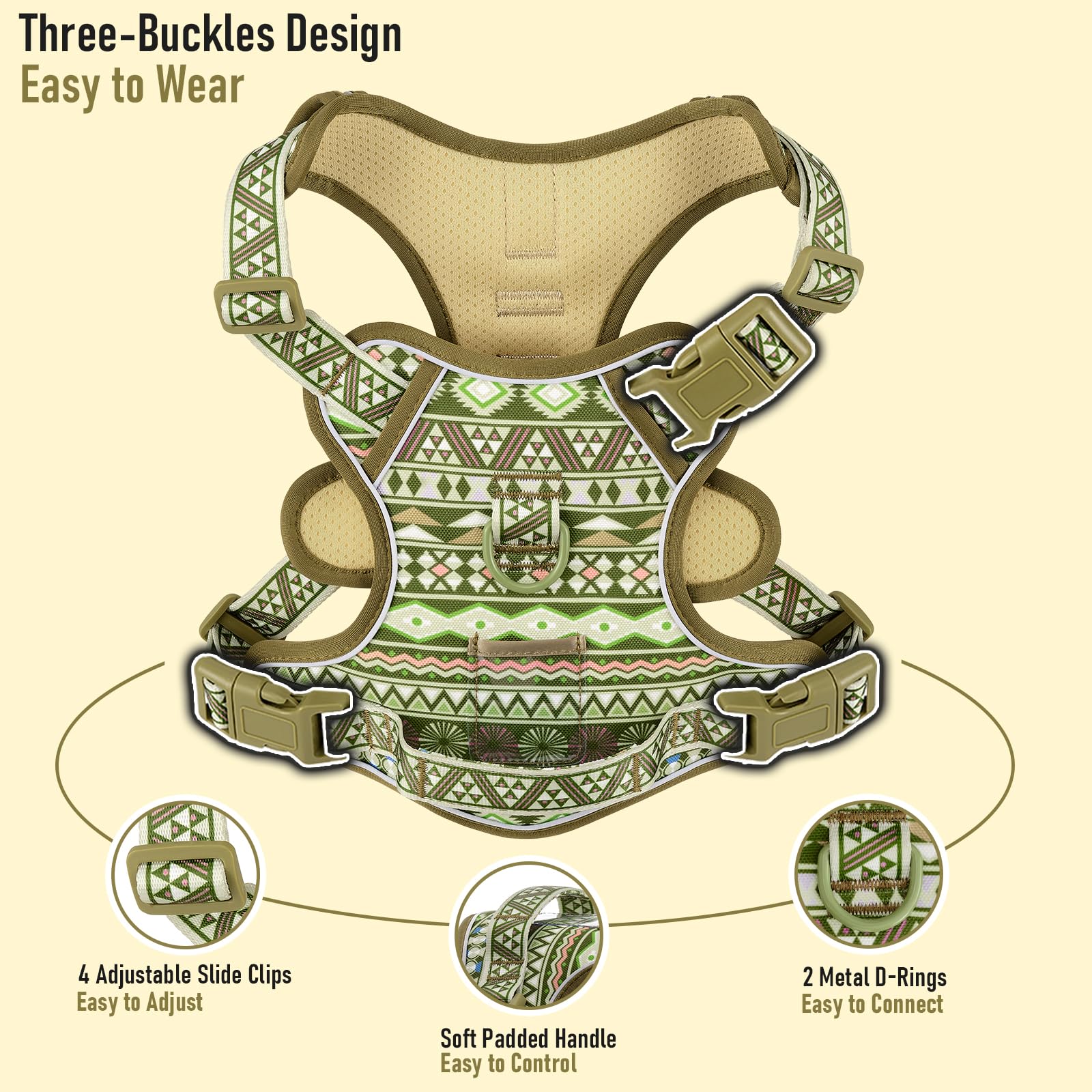 AUNZO Small Dog Harness - No-Pull Vest with 2 Leash Clips, Reflective, Adjustable, Soft Padded, Green Ethnic, for Small Breeds like Pug, Beagle