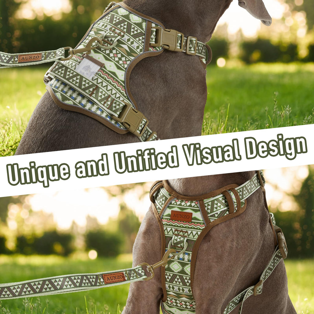 AUNZO Small Dog Harness - No-Pull Vest with 2 Leash Clips, Reflective, Adjustable, Soft Padded, Green Ethnic, for Small Breeds like Pug, Beagle