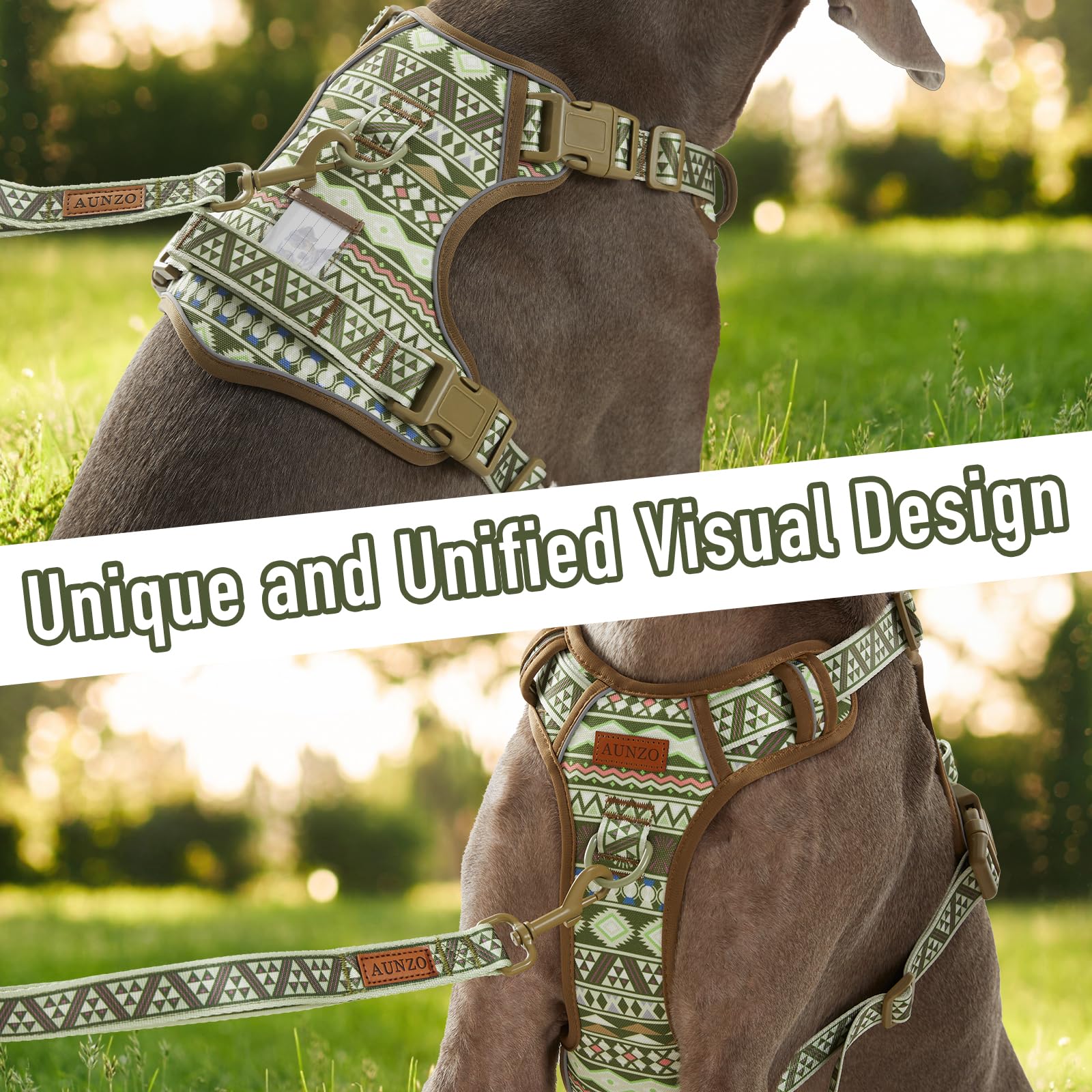 AUNZO Small Dog Harness - No-Pull Vest with 2 Leash Clips, Reflective, Adjustable, Soft Padded, Green Ethnic, for Small Breeds like Pug, Beagle