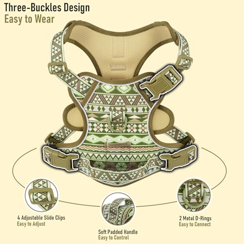 AUNZO Small Dog Harness - No-Pull Vest with 2 Leash Clips, Reflective, Adjustable, Soft Padded, Green Ethnic, for Small Breeds like Pug, Beagle