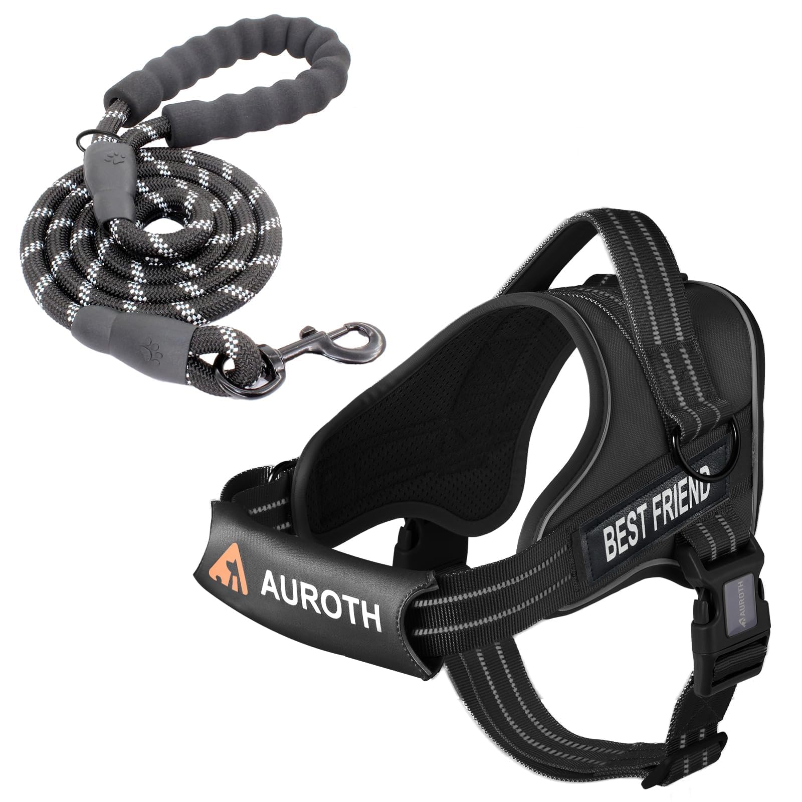 AUROTH No Pull Dog Harness and Leash Set – Reflective, Adjustable, Easy On/Off, Medium, Black