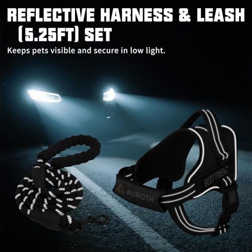 AUROTH No Pull Dog Harness and Leash Set – Reflective, Adjustable, Easy On/Off, Medium, Black