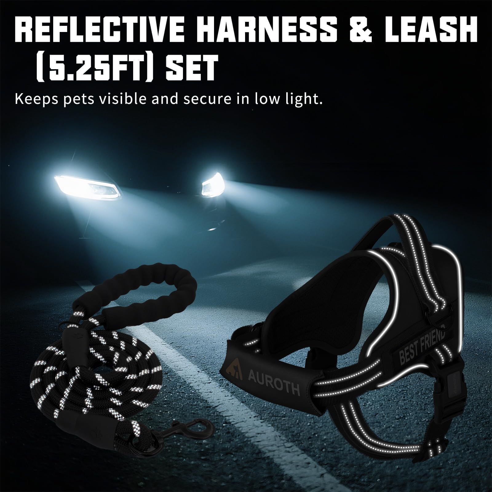 AUROTH No Pull Dog Harness and Leash Set – Reflective, Adjustable, Easy On/Off, Medium, Black