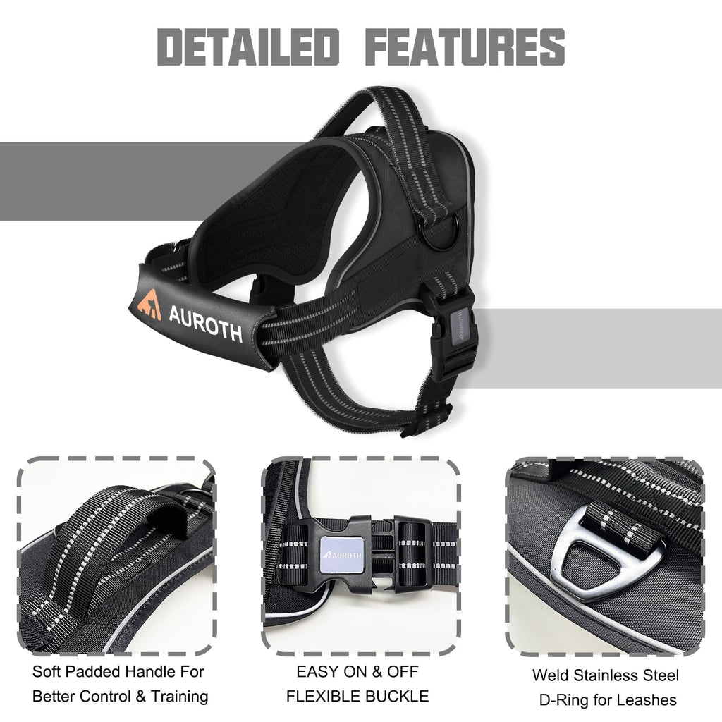AUROTH No Pull Dog Harness and Leash Set – Reflective, Adjustable, Easy On/Off, Medium, Black