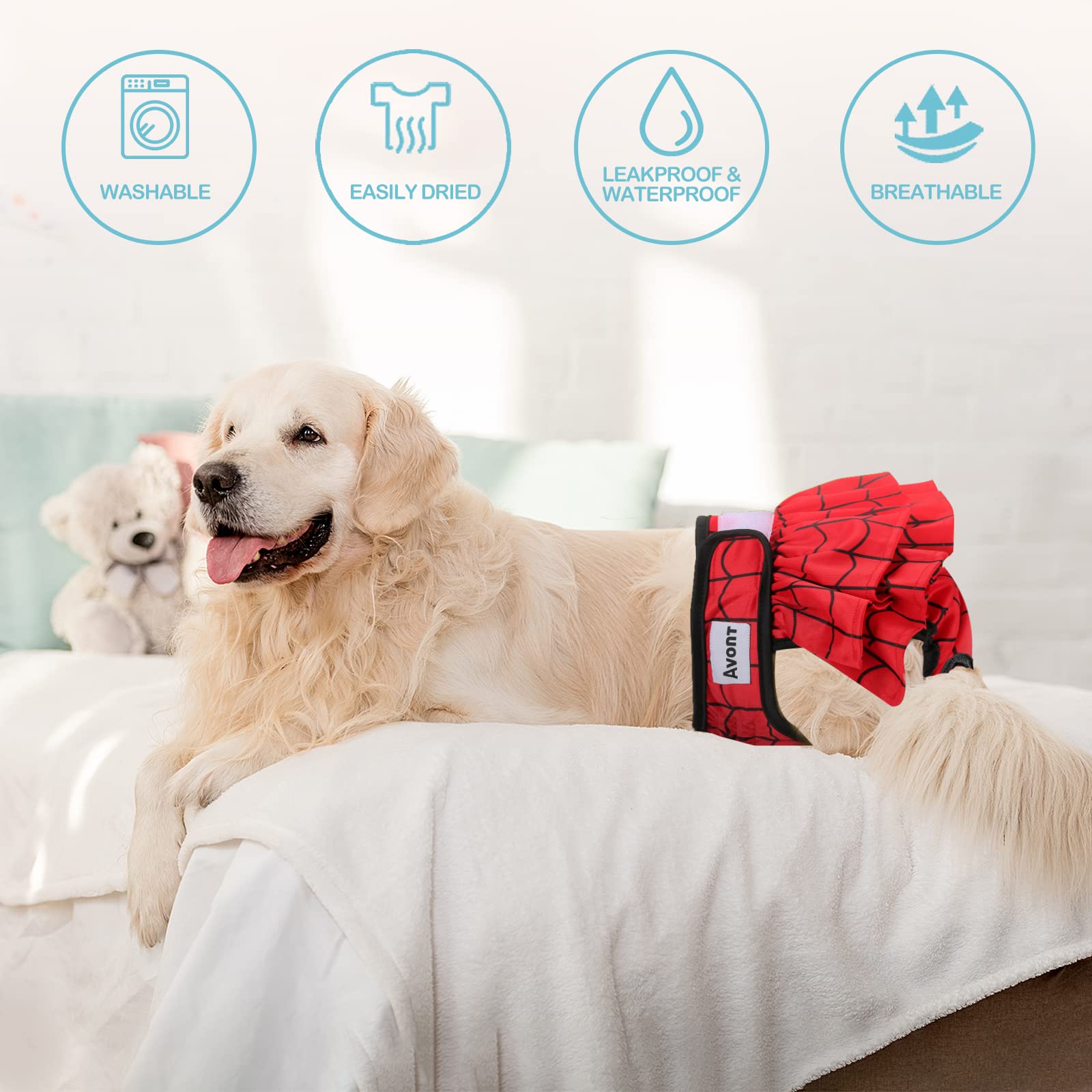 Avont 3 Pack Washable Female Dog Diapers, Reusable Period Diapers for Heat Cycle & Incontinence – Red/Blue/White, Size M