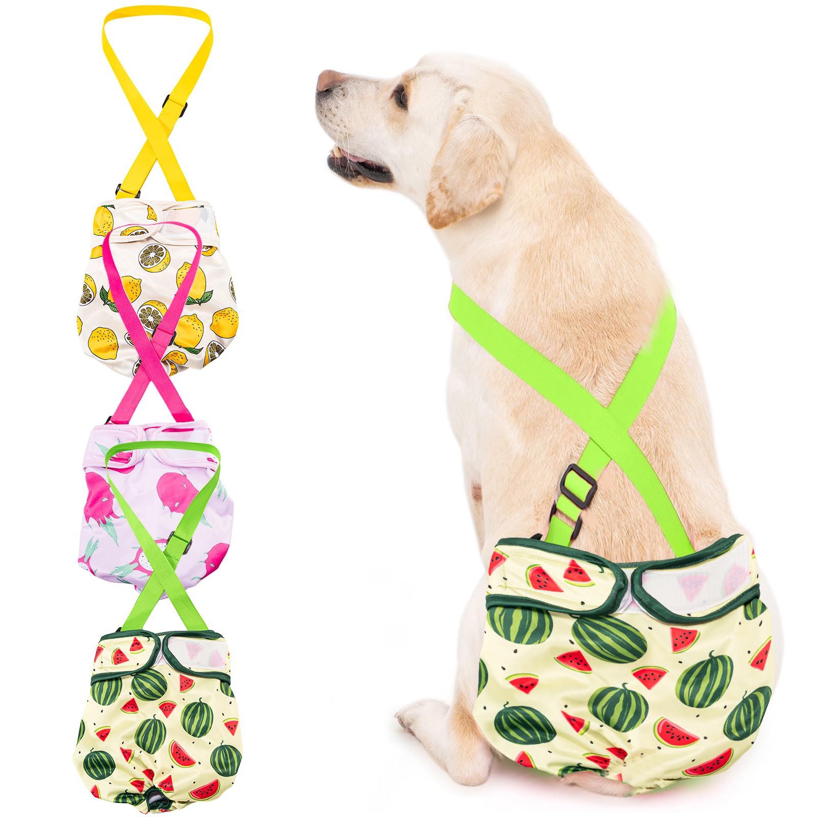 Avont 3-Pack Washable Female Dog Diapers with Suspenders - Adjustable, Leakproof, Reusable for Small Dogs (Size S, Yellow/Pink/Green)