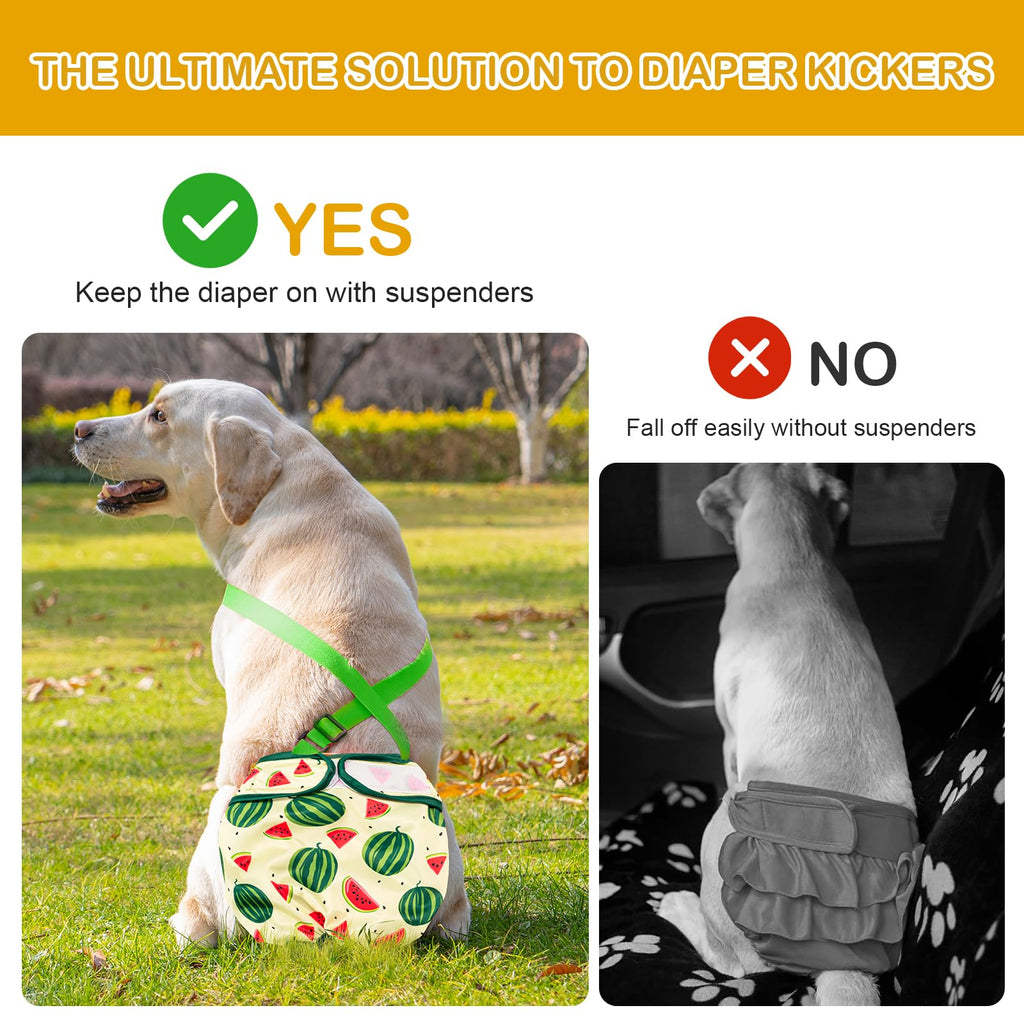 Avont 3-Pack Washable Female Dog Diapers with Suspenders - Adjustable, Leakproof, Reusable for Small Dogs (Size S, Yellow/Pink/Green)