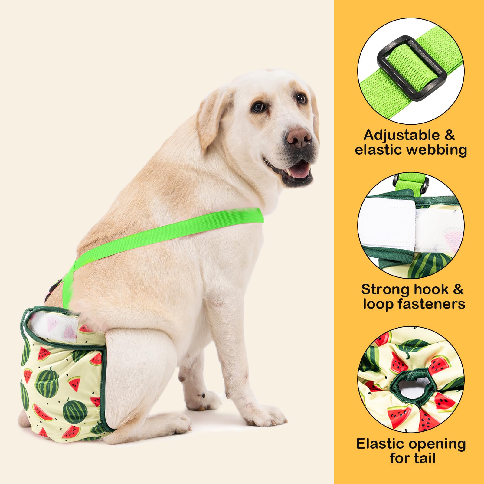 Avont 3-Pack Washable Female Dog Diapers with Suspenders - Adjustable, Leakproof, Reusable for Small Dogs (Size S, Yellow/Pink/Green)