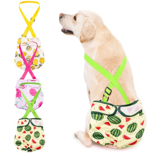 Avont 3-Pack Washable Female Dog Diapers with Suspenders - Adjustable, Leakproof, Reusable for Small Dogs (Size S, Yellow/Pink/Green)
