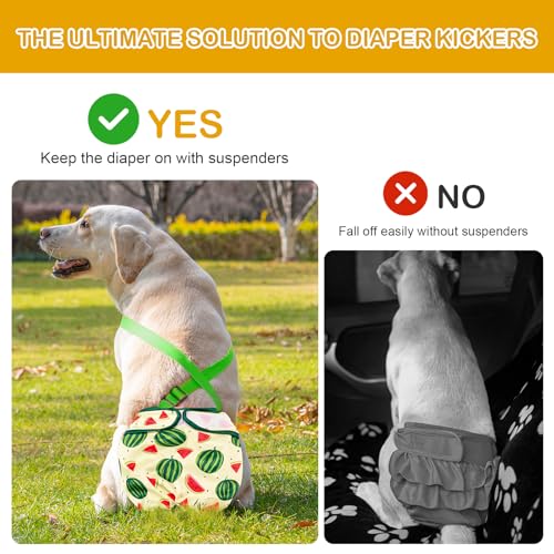 Avont 3-Pack Washable Female Dog Diapers with Suspenders - Adjustable, Leakproof, Reusable for Small Dogs (Size S, Yellow/Pink/Green)