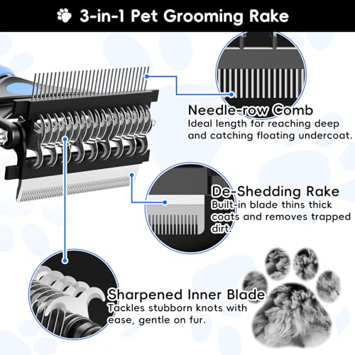 AXEFUN 3-in-1 Pet Grooming Brush – Blue Dematting Comb, Undercoat Rake & Deshedding Tool for Dogs & Cats