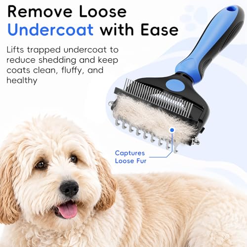 AXEFUN 3-in-1 Pet Grooming Brush – Blue Dematting Comb, Undercoat Rake & Deshedding Tool for Dogs & Cats