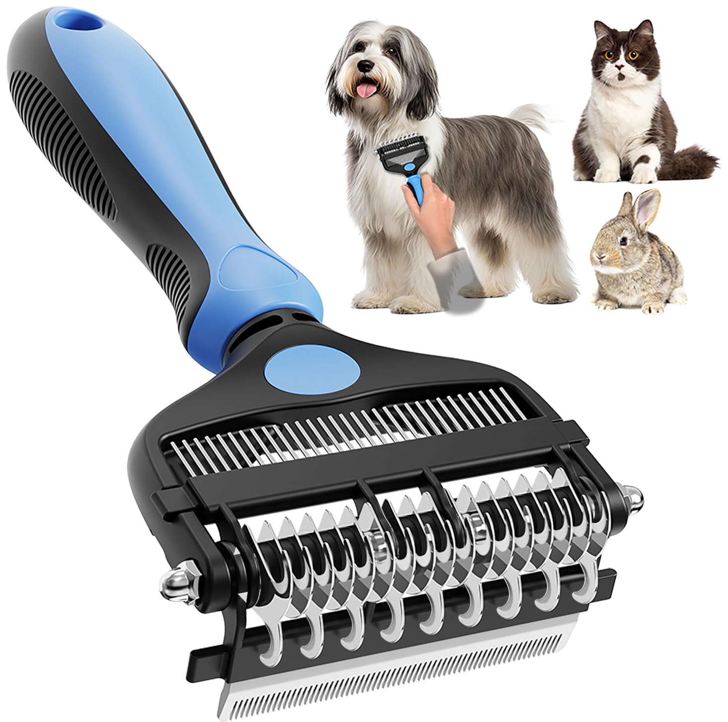 AXEFUN 3-in-1 Pet Grooming Brush – Blue Dematting Comb, Undercoat Rake & Deshedding Tool for Dogs & Cats