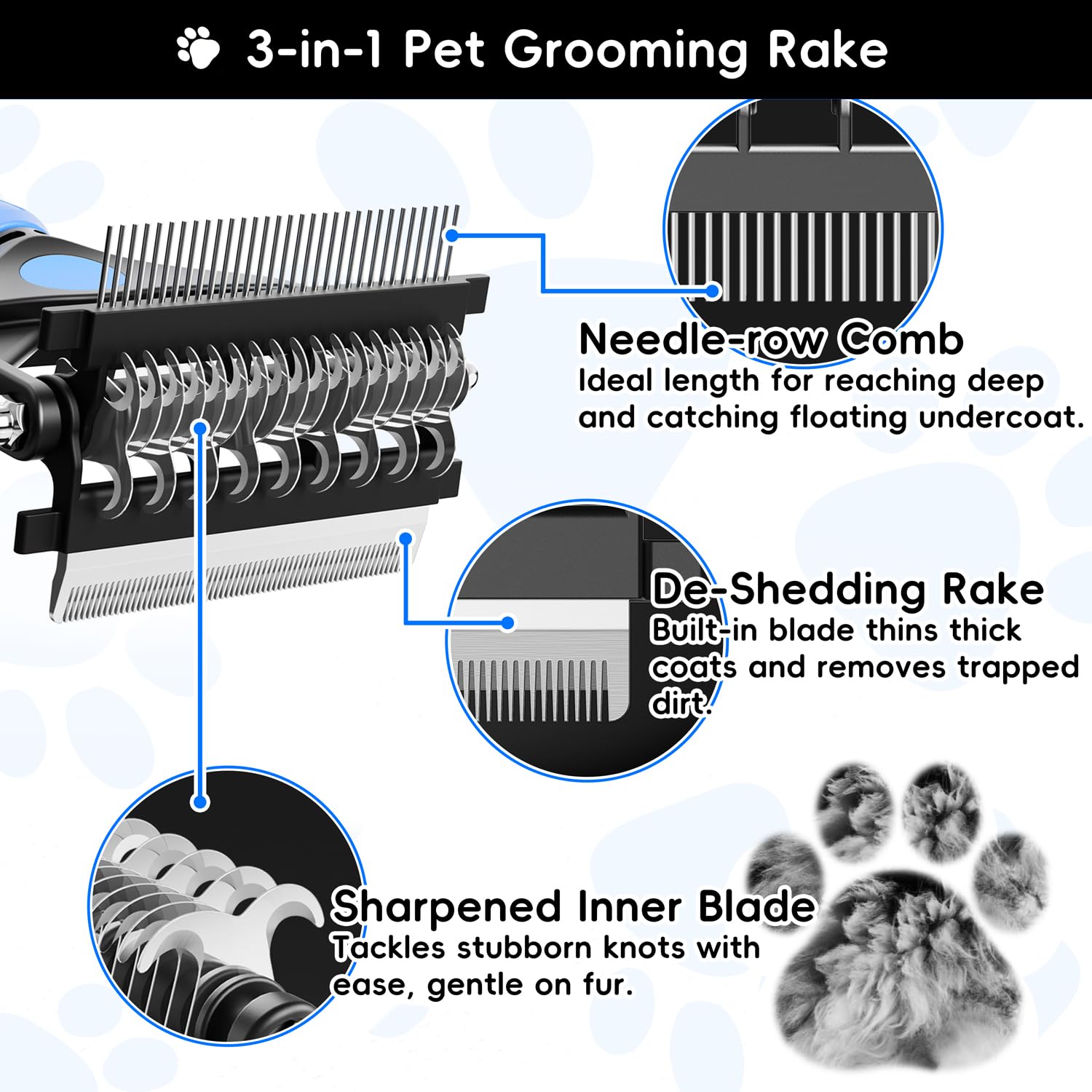 AXEFUN 3-in-1 Pet Grooming Brush – Blue Dematting Comb, Undercoat Rake & Deshedding Tool for Dogs & Cats
