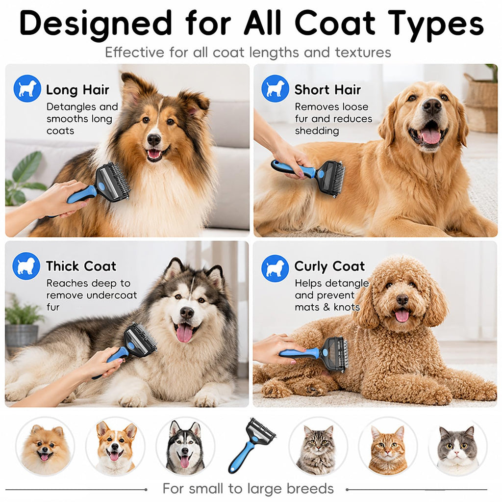 AXEFUN 3-in-1 Pet Grooming Brush – Blue Dematting Comb, Undercoat Rake & Deshedding Tool for Dogs & Cats