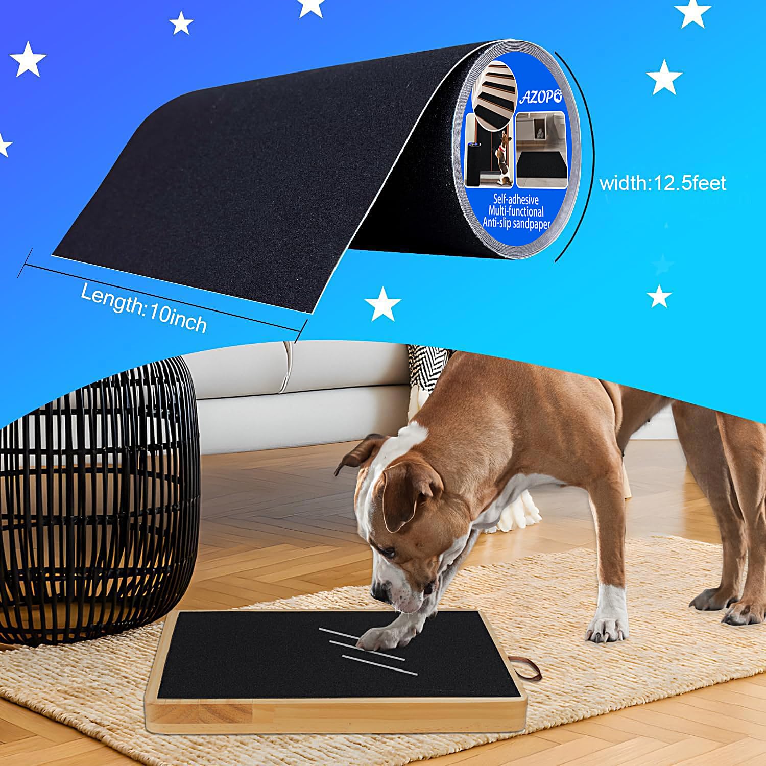 AZOPO Self-Adhesive Dog Scratch Protector Sandpaper - 10x12.5 ft, 80-Grit for Large Dogs (Black)
