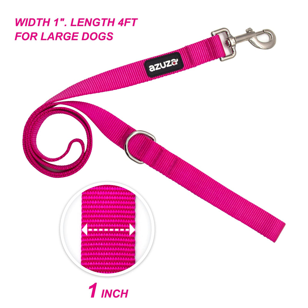 azuza 3-Pack Nylon Dog Leashes – 4ft x 1in for Large Dogs, Hot Pink/Pink/Purple