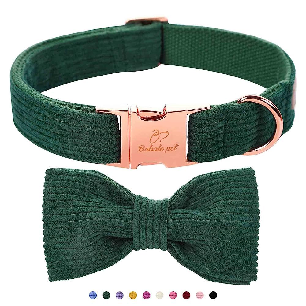 Babole Pet Green Corduroy Dog Collar with Bow Tie – Adjustable Small Dog Collar XS (8-12 Inches)