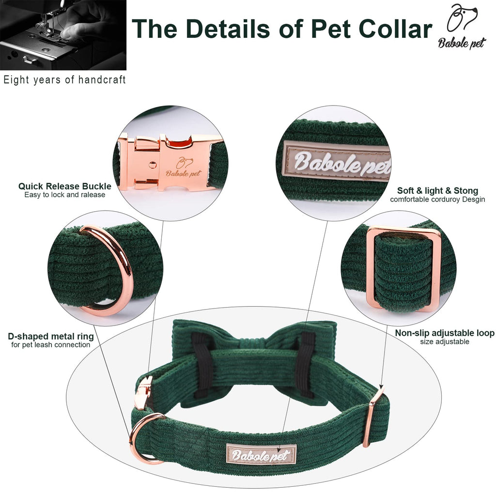 Babole Pet Green Corduroy Dog Collar with Bow Tie – Adjustable Small Dog Collar XS (8-12 Inches)