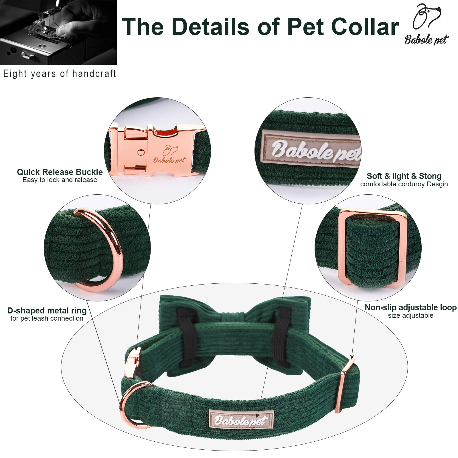 Babole Pet Green Corduroy Dog Collar with Bow Tie – Adjustable Small Dog Collar XS (8-12 Inches)