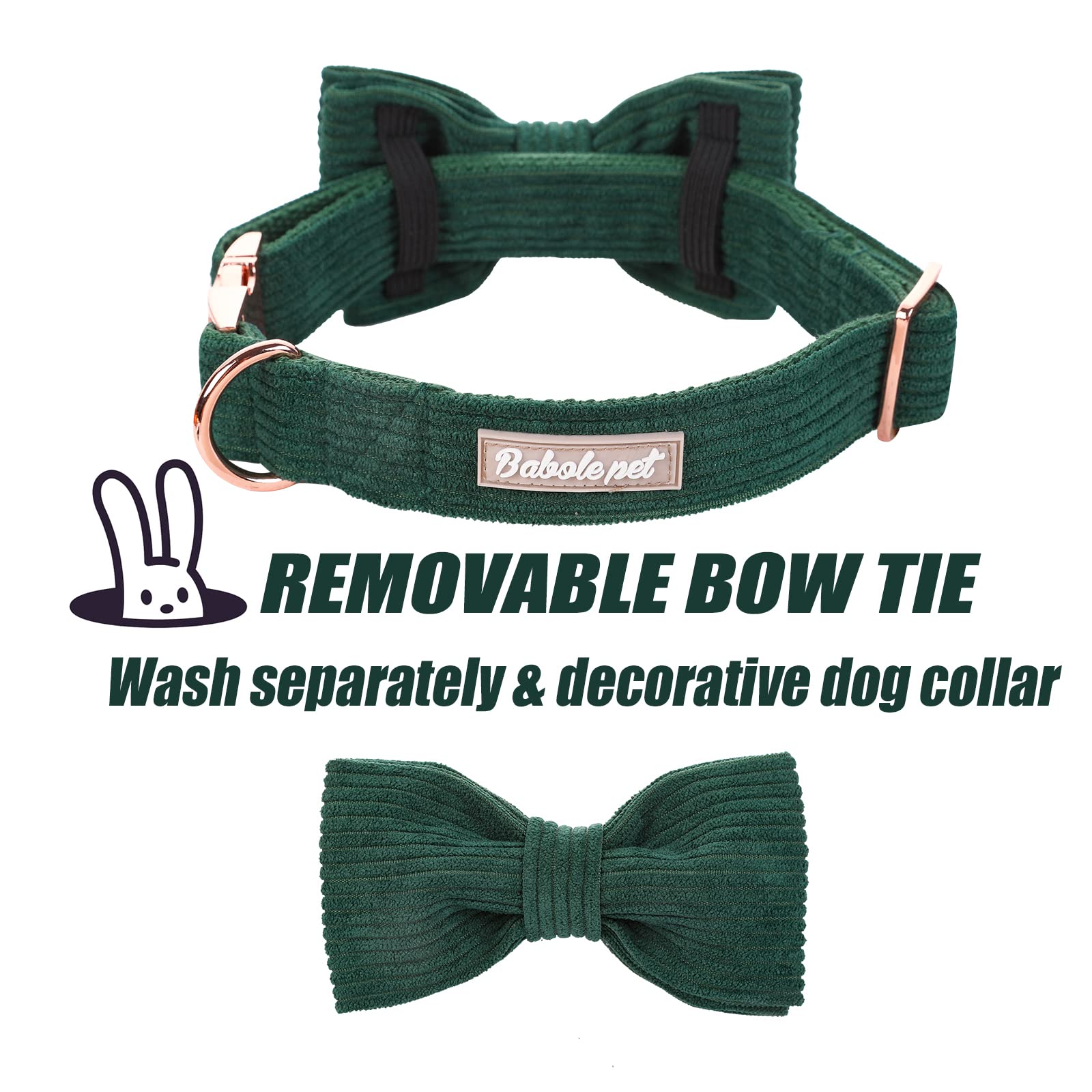 Babole Pet Green Corduroy Dog Collar with Bow Tie – Adjustable Small Dog Collar XS (8-12 Inches)