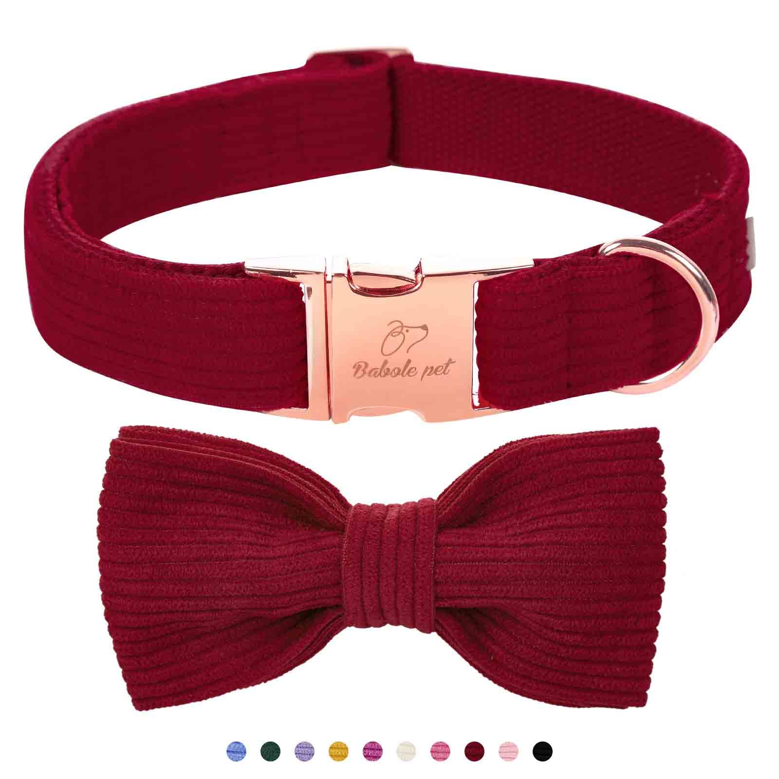 Babole Pet Wine Red Corduroy Dog Collar with Bow Tie, Adjustable XL for Large Dogs, 16-26 inch Neck