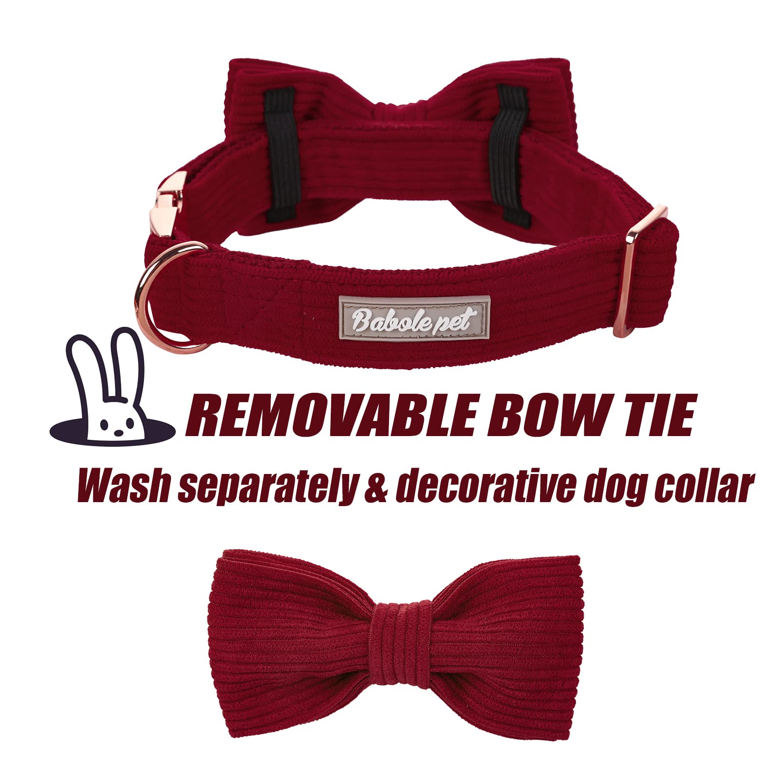Babole Pet Wine Red Corduroy Dog Collar with Bow Tie, Adjustable XL for Large Dogs, 16-26 inch Neck