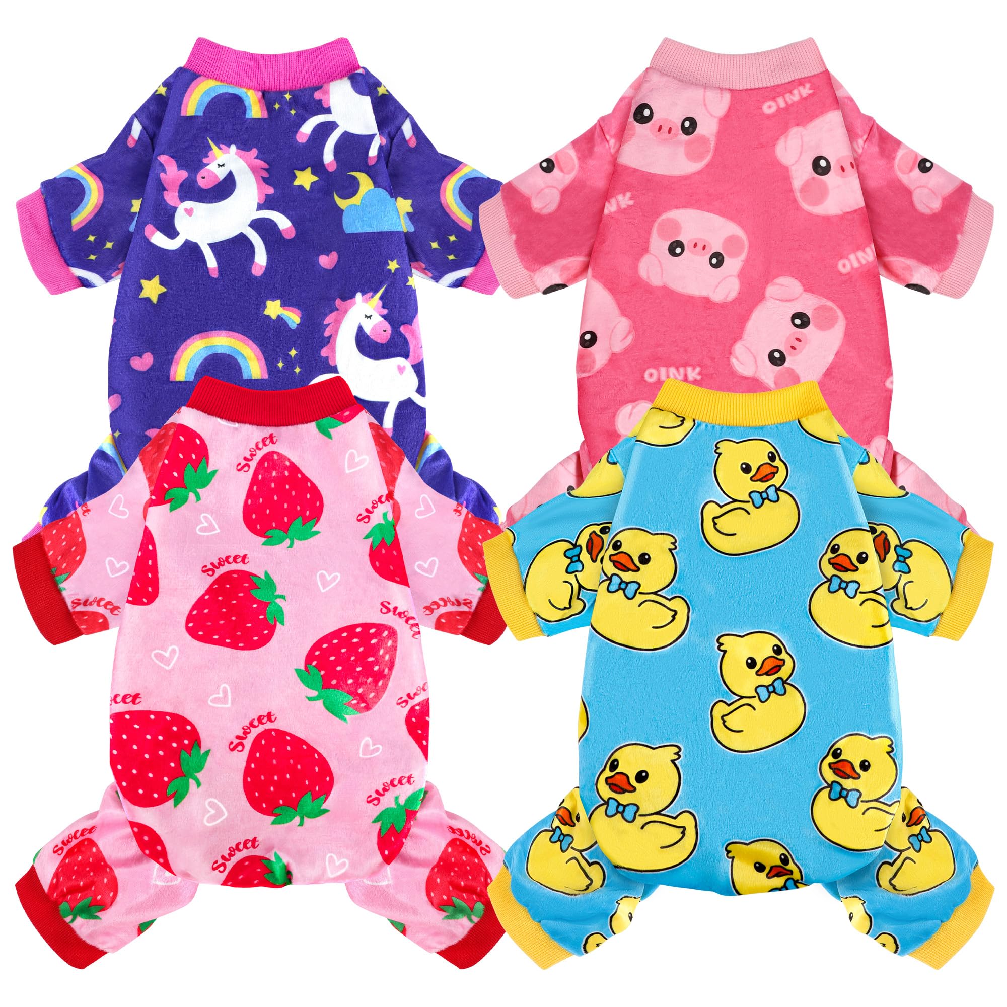 BAOBICUTE 4-Pack Dog Pajamas – Soft Recovery Suit Onesie for Small to Large Dogs (Strawberry, Duck, Pig Patterns)