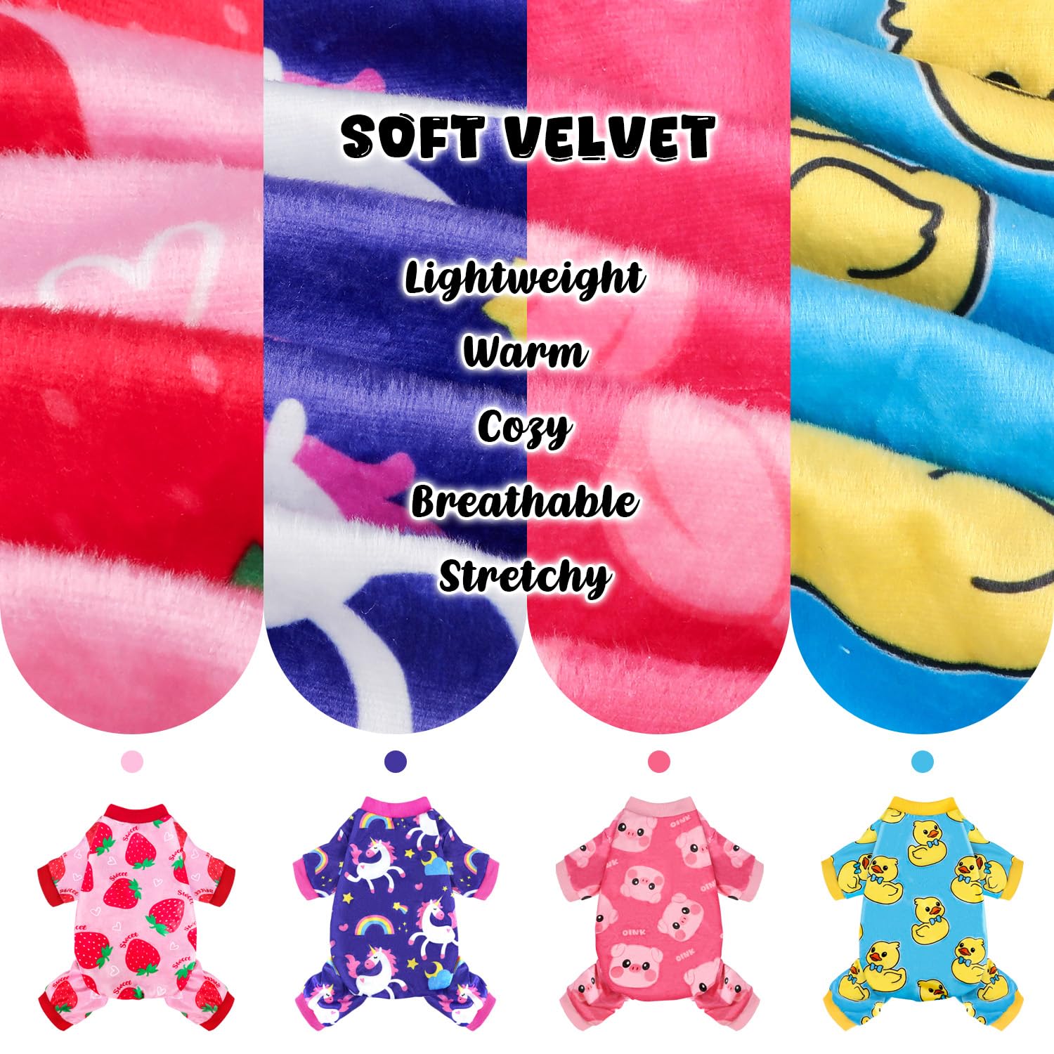 BAOBICUTE 4-Pack Dog Pajamas – Soft Recovery Suit Onesie for Small to Large Dogs (Strawberry, Duck, Pig Patterns)