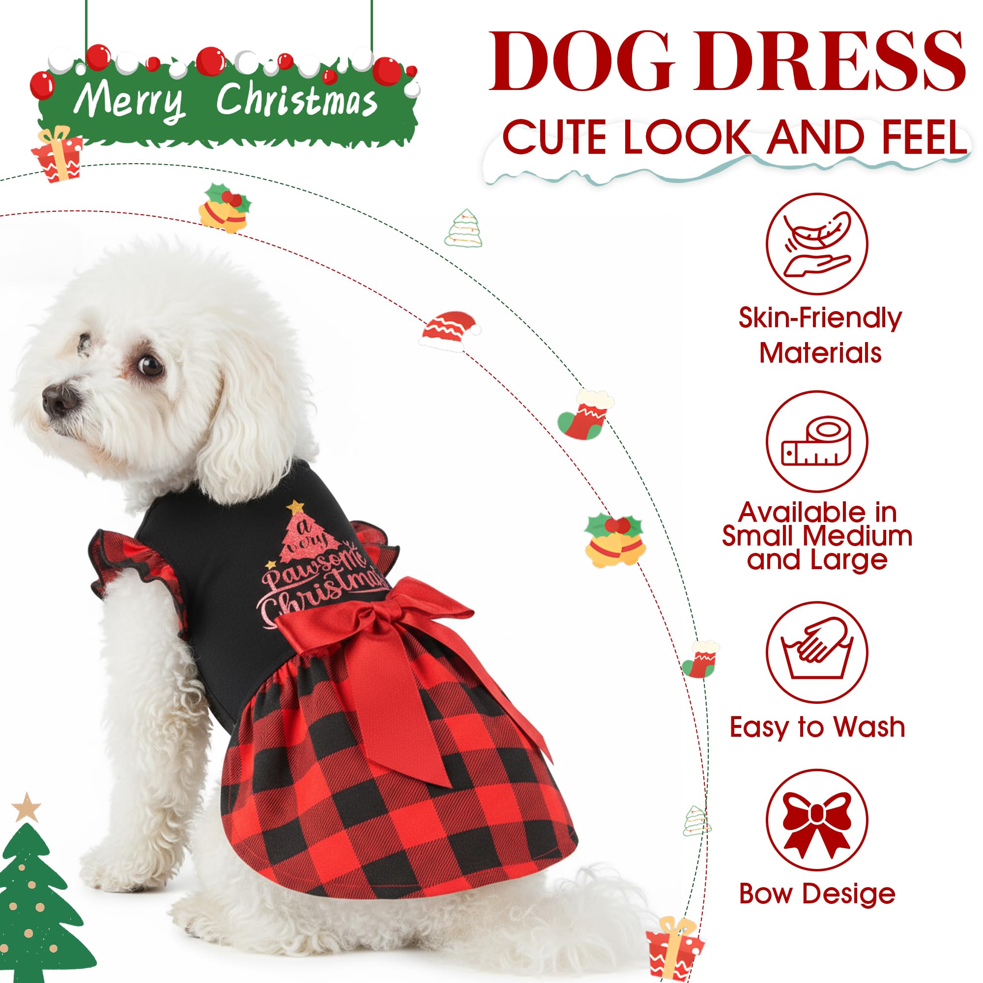 BAOBICUTE Dog Christmas Dress – Ruffle Tulle Puppy Clothes with Bow for Small Medium Pets