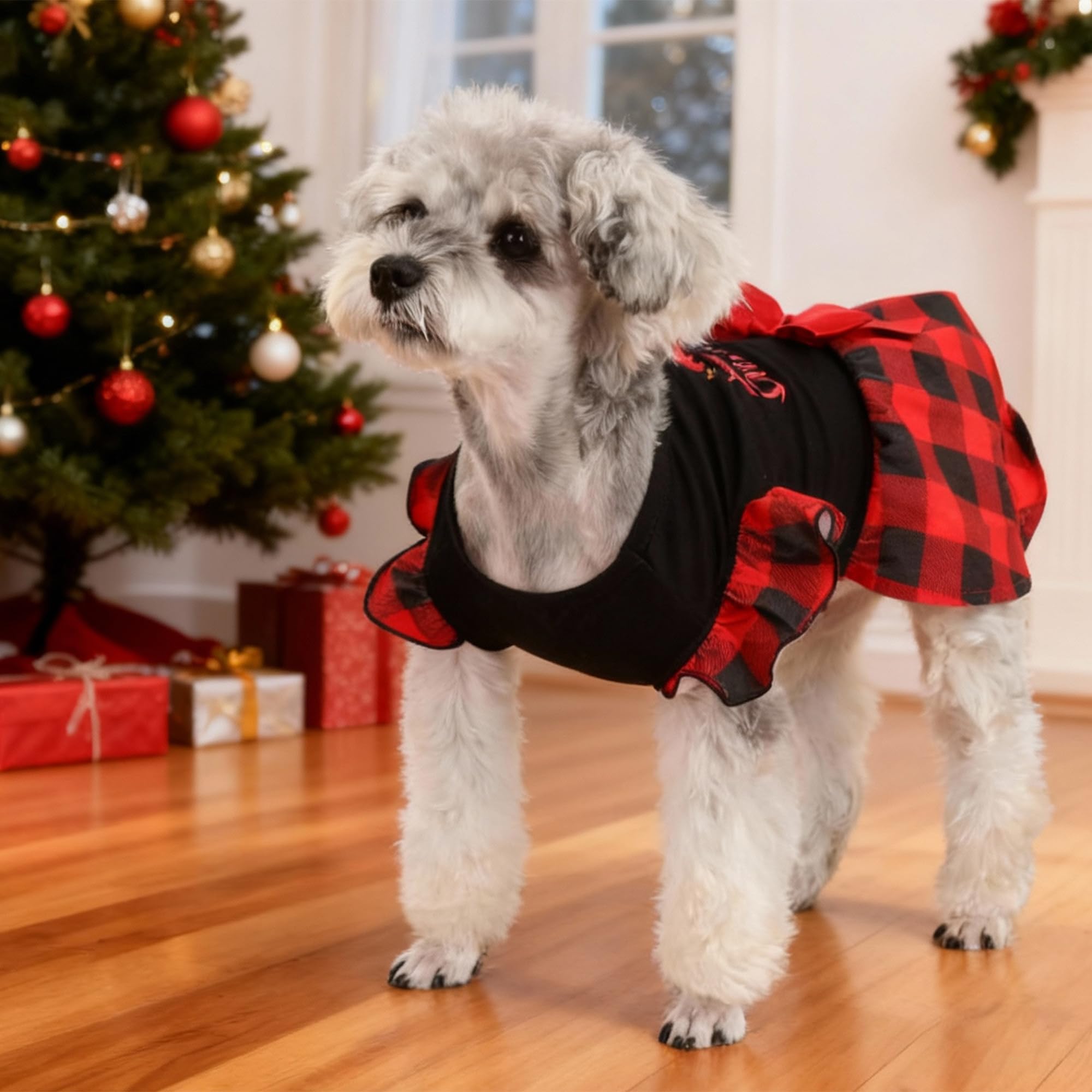 BAOBICUTE Dog Christmas Dress – Ruffle Tulle Puppy Clothes with Bow for Small Medium Pets