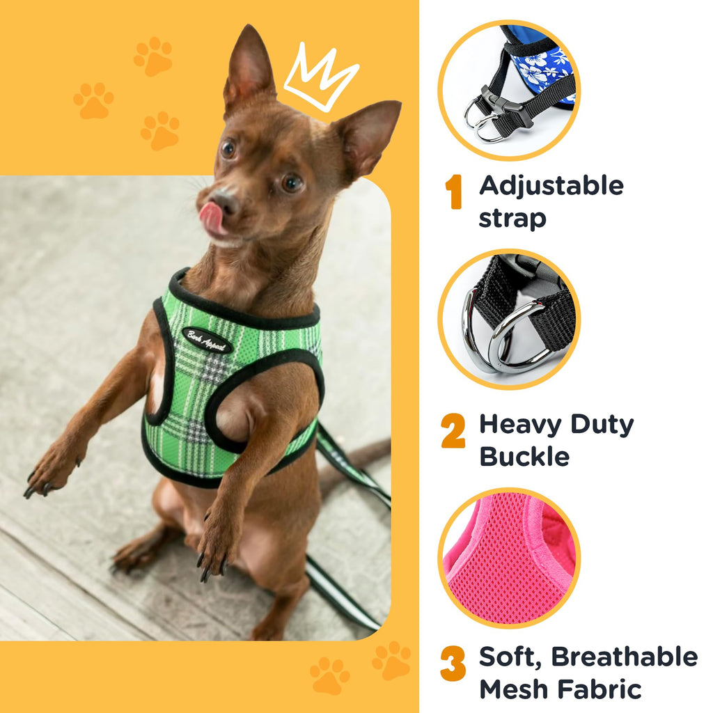Bark Appeal Blue Plaid Step-in Dog Harness for Small Pets (13-15" Chest) - Soft Mesh Vest with Adjustable Strap and Heavy Duty Clip