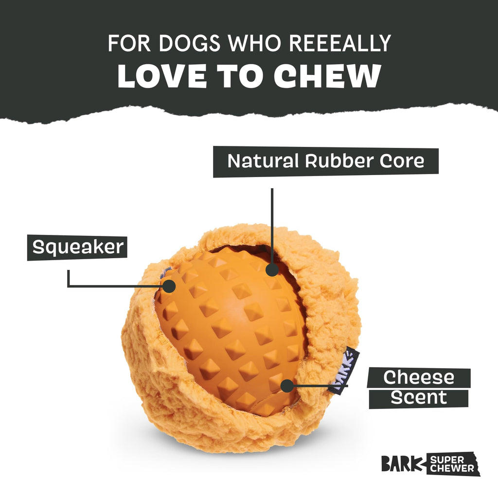BarkBox Cheeze Brawl Super Chewer Plush Toy – Large, Cheese-Scented Rip & Reveal with Hidden Squeaky Ball