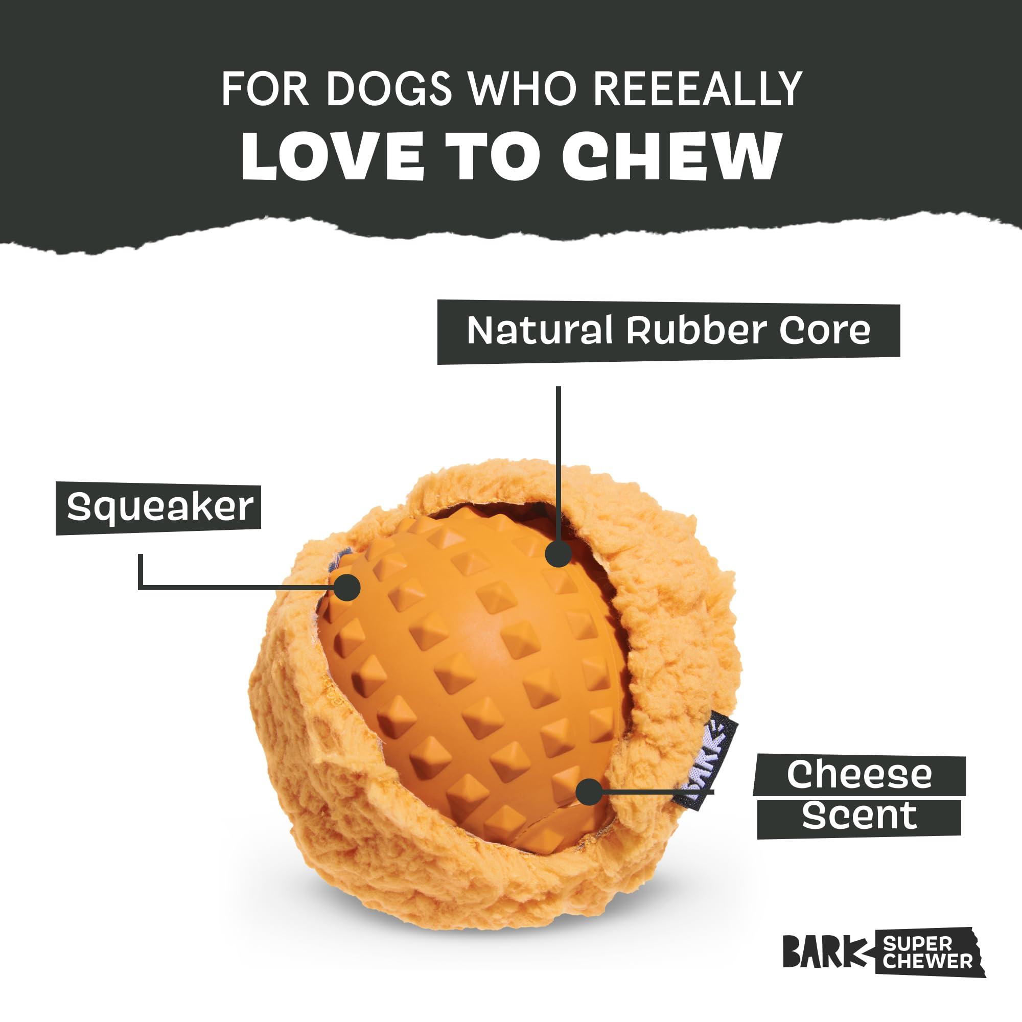 BarkBox Cheeze Brawl Super Chewer Plush Toy – Large, Cheese-Scented Rip & Reveal with Hidden Squeaky Ball