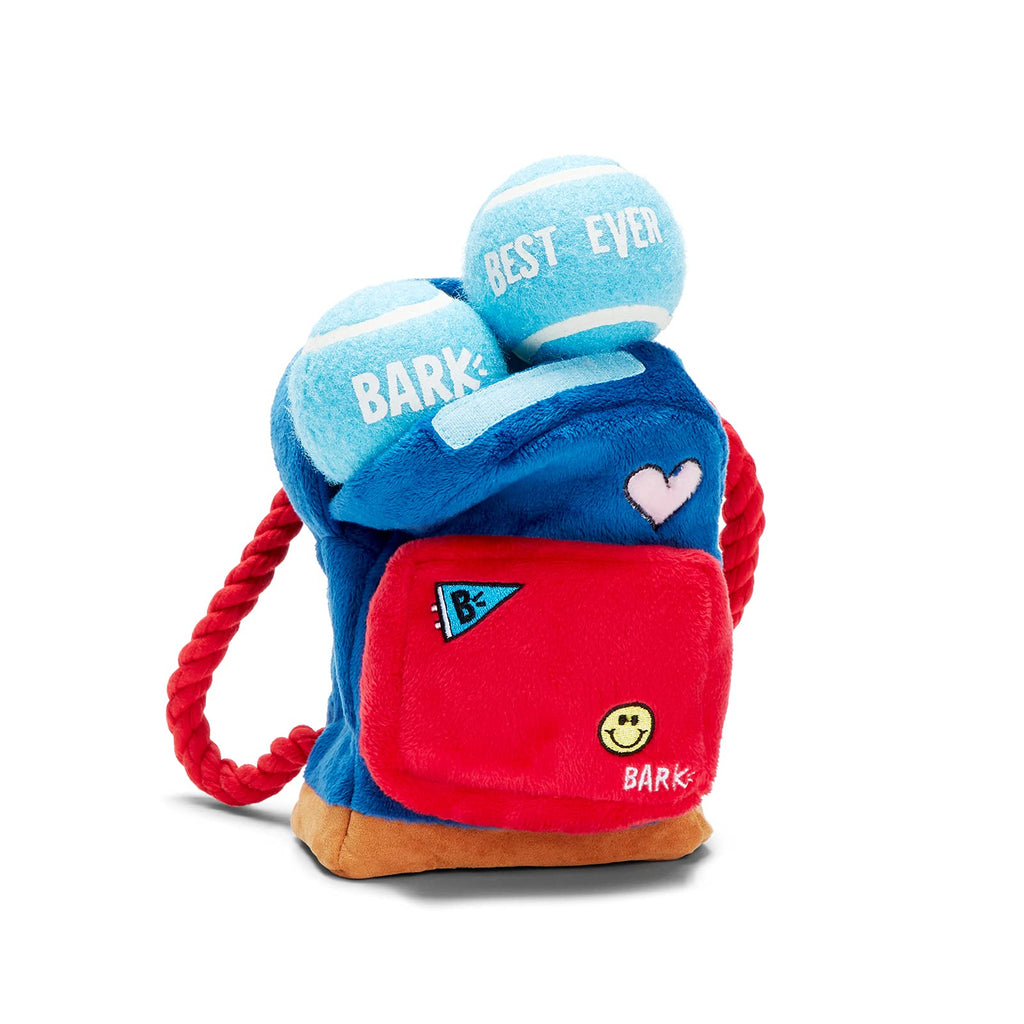 BarkBox Janspup Backpack Interactive Plush Dog Toy – Small, Squeaky, with Tennis Balls