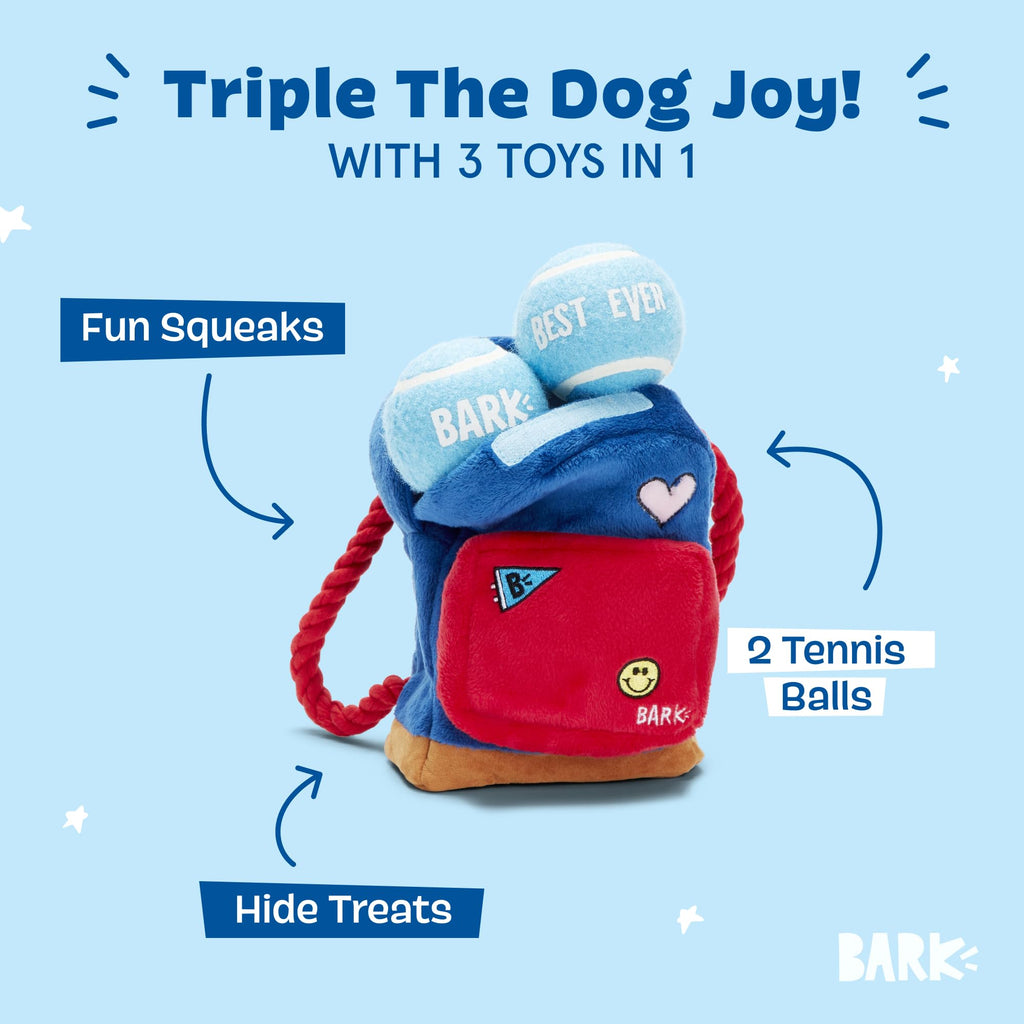 BarkBox Janspup Backpack Interactive Plush Dog Toy – Small, Squeaky, with Tennis Balls