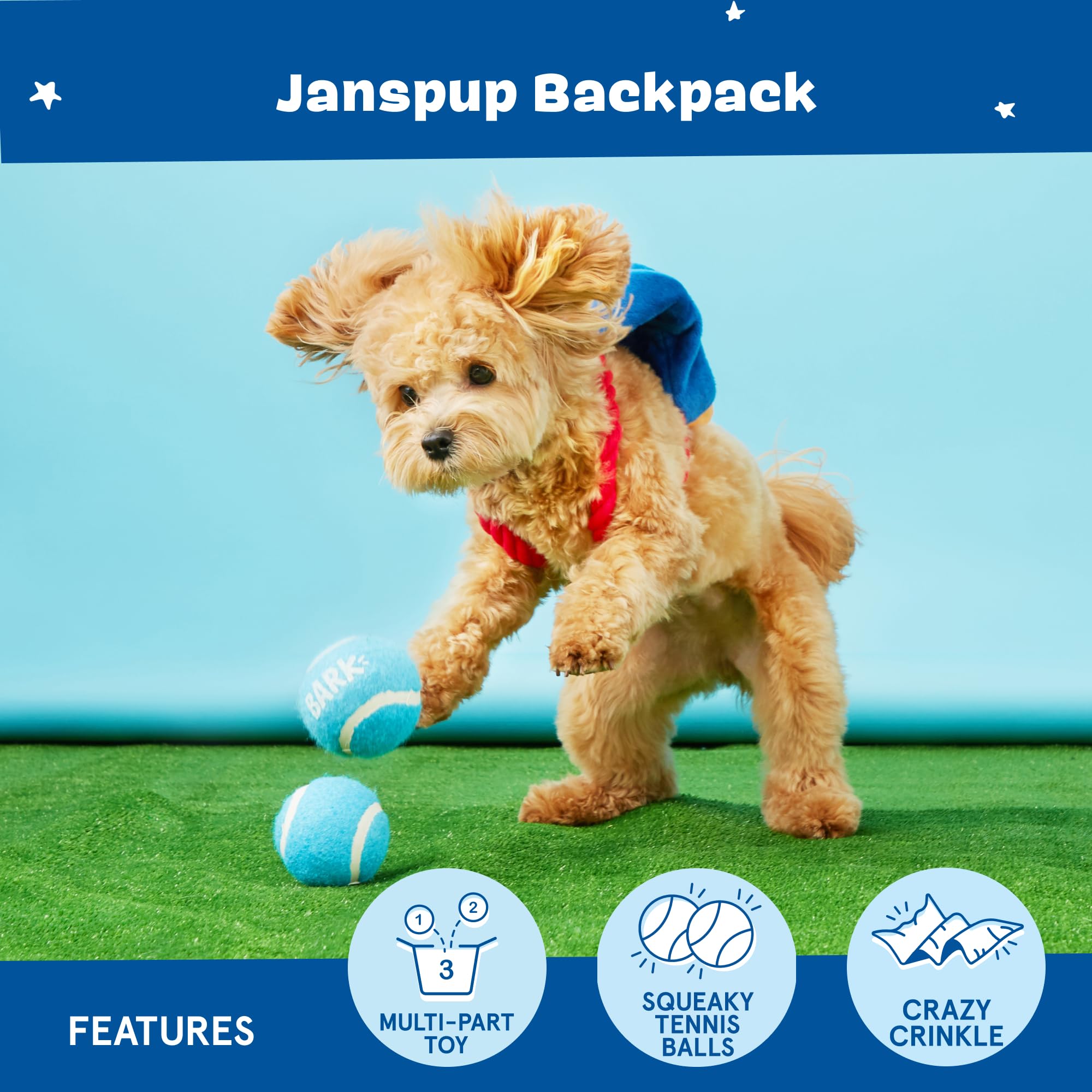 BarkBox Janspup Backpack Interactive Plush Dog Toy – Small, Squeaky, with Tennis Balls